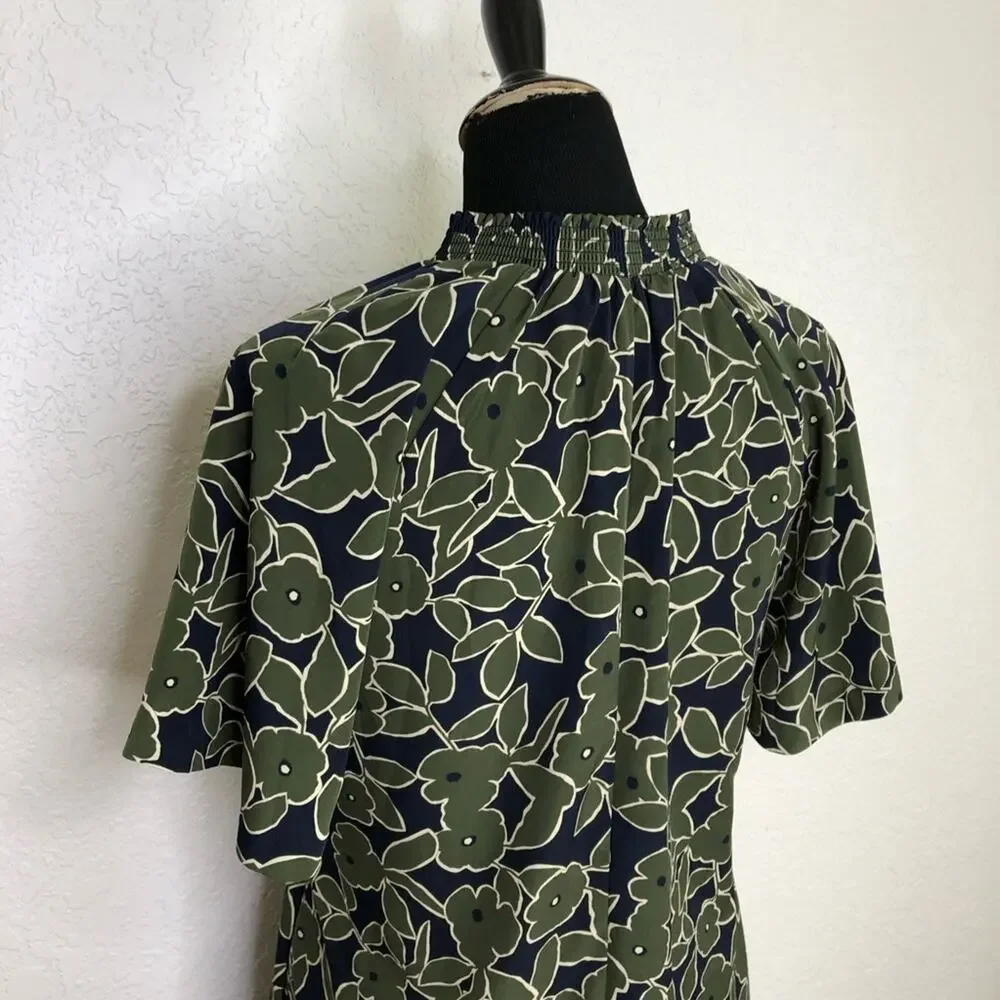 Banana Republic olive green navy blue floral v neck shift dress size 6
